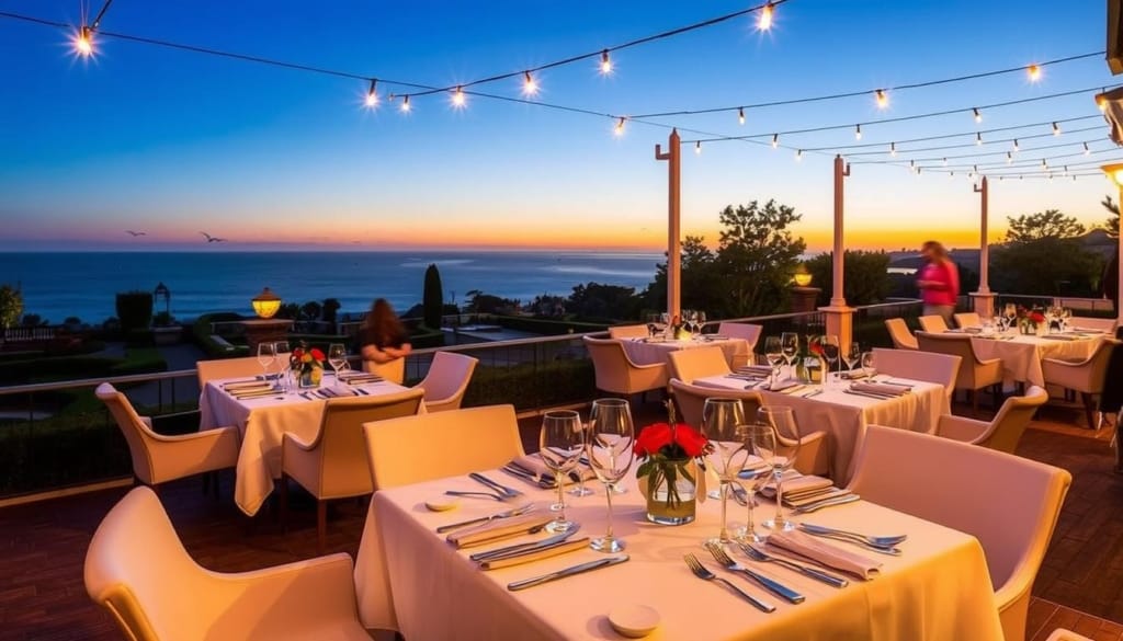 Elegant outdoor dining terrace in Quinta da Marinha, Cascais, Portugal. White tablecloths, fine porcelain, and crystal glassware set the stage for a refined gastronomic experience. In the background, manicured gardens and a breathtaking view of the Atlantic Ocean create a culturally immersive atmosphere. Warm, soft lighting casts a golden glow, evoking a sense of timeless luxury. Cascais Property's estate offers a harmonious blend of culinary delights and picturesque scenery, perfect for savoring the essence of Portuguese heritage. Elegant outdoor dining terrace in Quinta da Marinha, Cascais, Portugal. White tablecloths, fine porcelain, and crystal glassware set the stage for a refined gastronomic experience. In the background, manicured gardens and a breathtaking view of the Atlantic Ocean create a culturally immersive atmosphere. Warm, soft lighting casts a golden glow, evoking a sense of timeless luxury. Cascais Property's estate offers a harmonious blend of culinary delights and picturesque scenery, perfect for savoring the essence of Portuguese heritage.