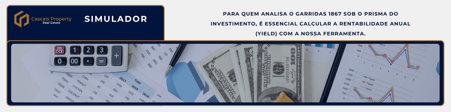 Calculadora e documentos financeiros para calcular a rentabilidade anual do investimento Garridas 1867.