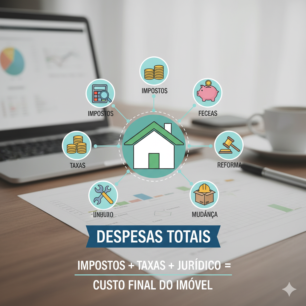 Casa no centro com ícones de impostos, taxas, jurídico, reforma e mudança indicam despesas totais do imóvel.