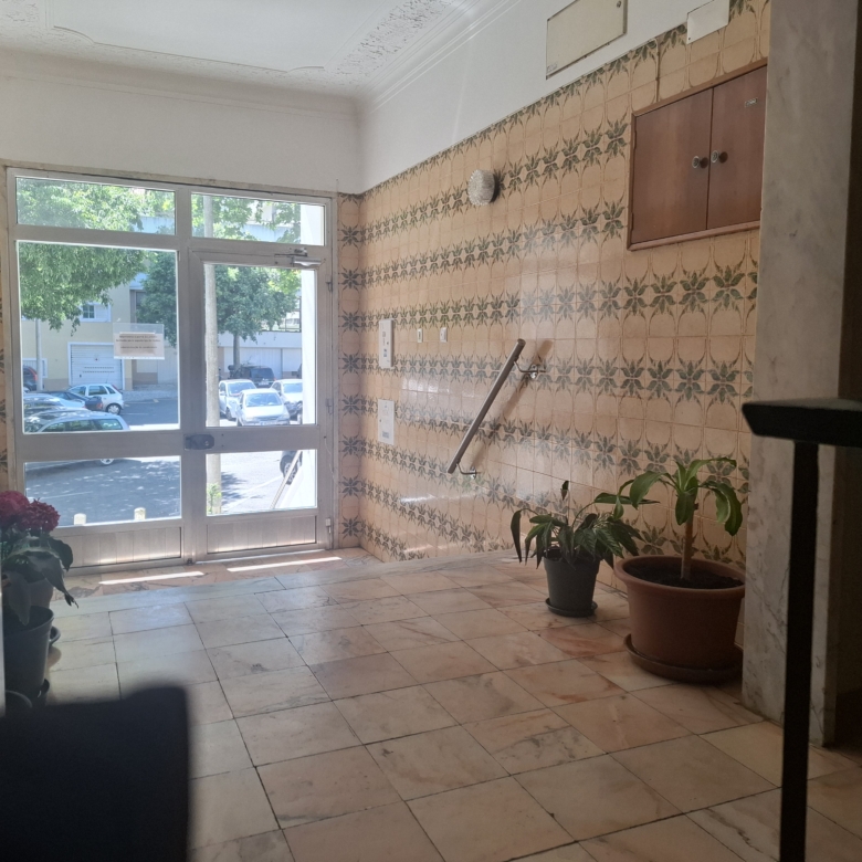 Interior entry hall with tiled floral walls, a glass front door, and potted plants along the side.
