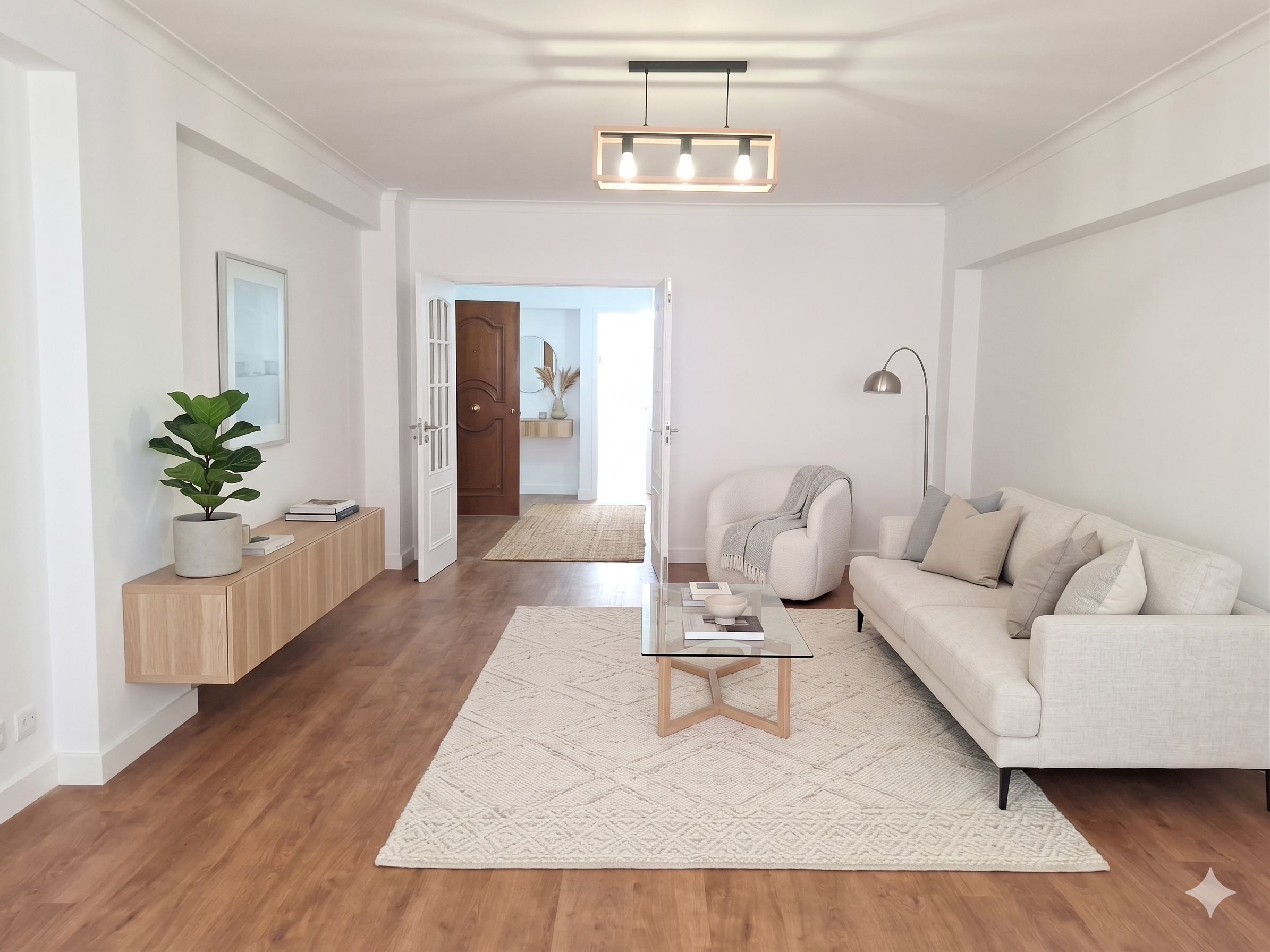 Bright living room with white walls, beige sofa, glass coffee table, and a potted plant; open doorway to corridor.