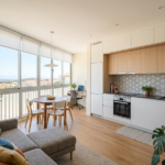 Bright open-plan living area with a white kitchen, wooden accents, and a round dining table by wide windows showing a city view.