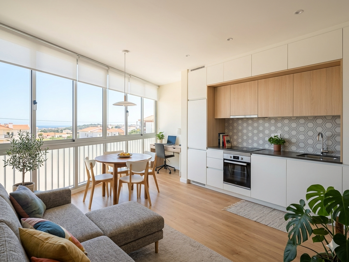 Bright open-plan living area with a white kitchen, wooden accents, and a round dining table by wide windows showing a city view.
